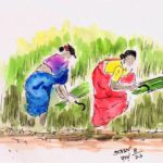 line and wash sketch of women working in the field