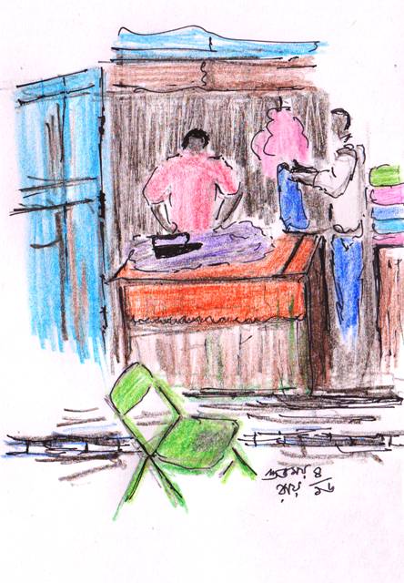 colour pencil sketch of man ironing in a shop