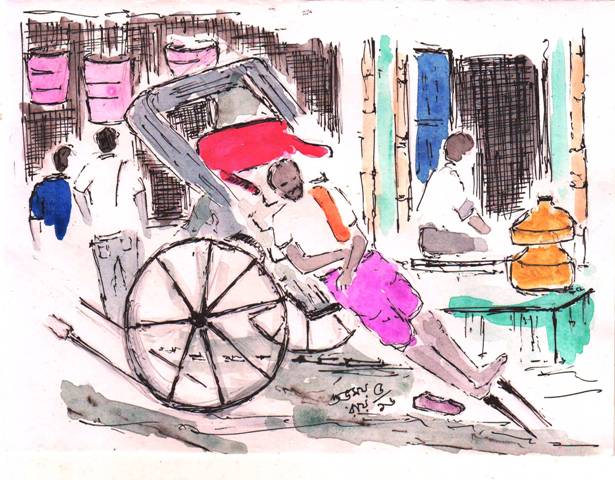 line and wash sketch of a rickshaw