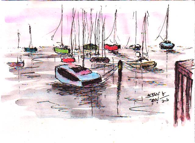 line and wash drawing of boats