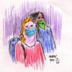 pen and coloured pencil sketch of masked people