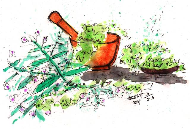 watercolour sketch mortar and pestle