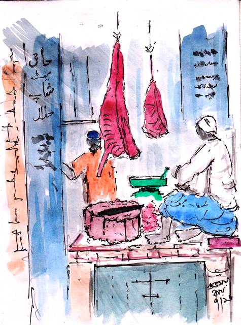 meat shop watercolour painting