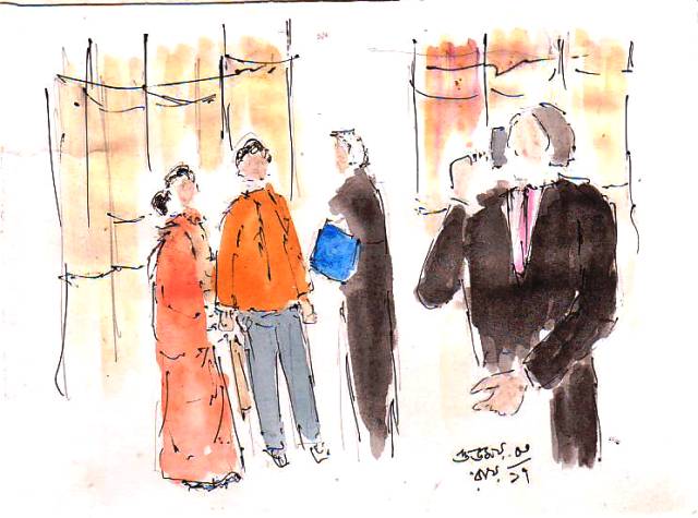 line and wash drawing of lawyers in a court