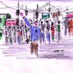 pen and coloured pencil sketch of protest march by public