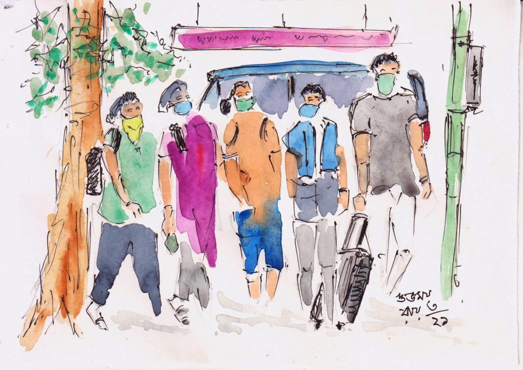 line and wash watercolour sketch of masked people-coronavirus