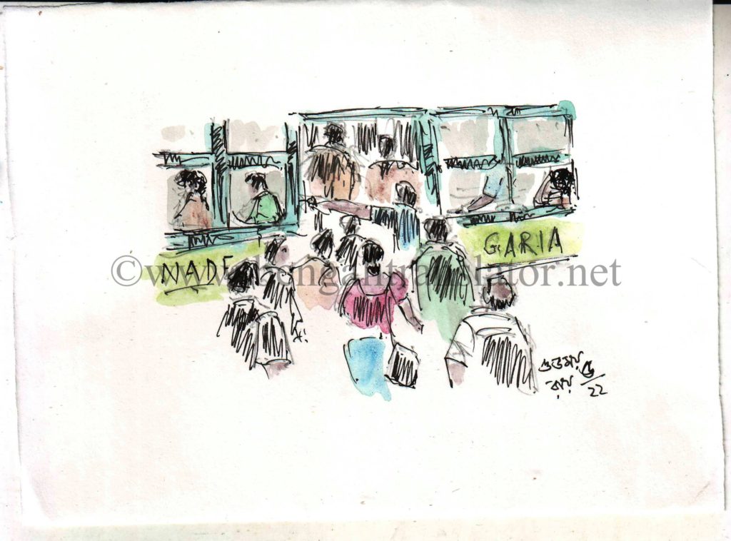 line and wash sketch of a crowded bus