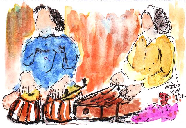 line and wash sketch of musicians