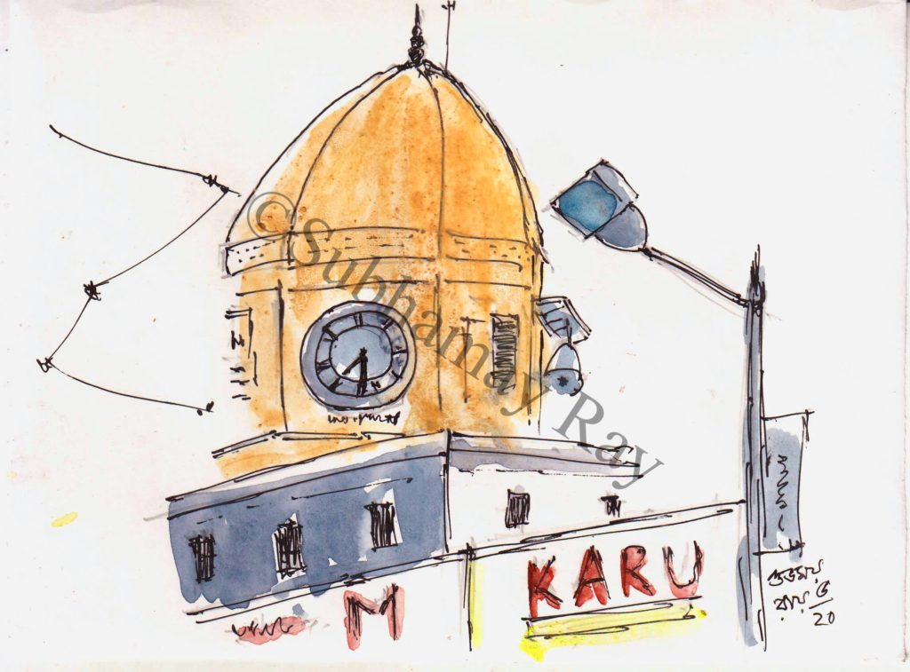 line and wash sketch of clock tower