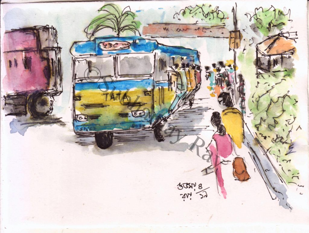 line and wash sketch of crowded city buses
