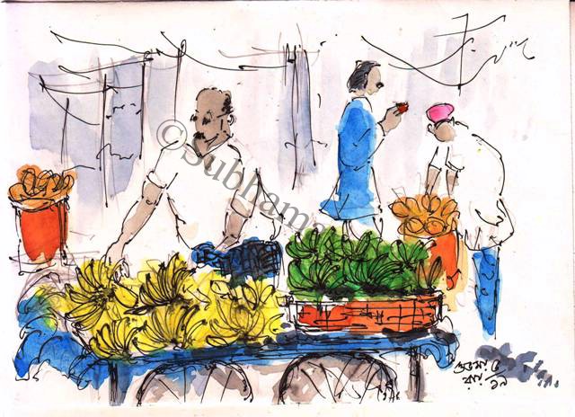 line and wash sketch of a banana seller's cart