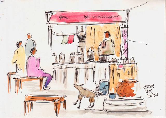 water colour sketch of a tea stall