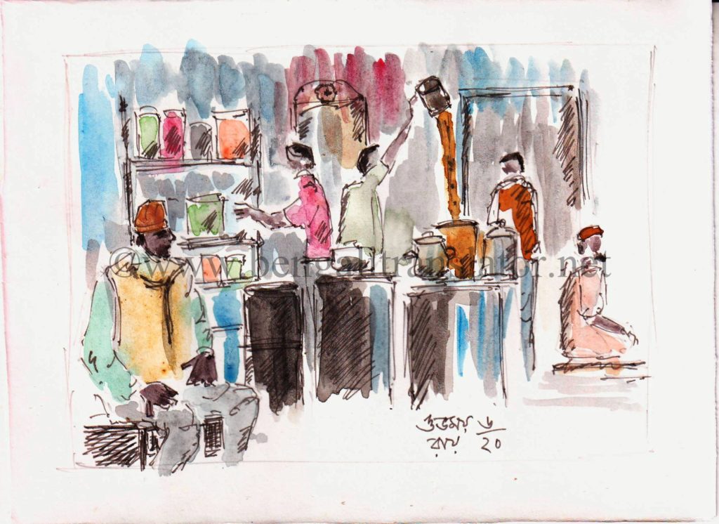 line and wash sketch of a roadside tea stall