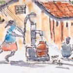 line and wash sketch of a village girl using a handpump