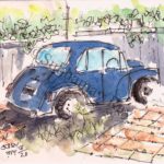 line and wash sketch of an old car