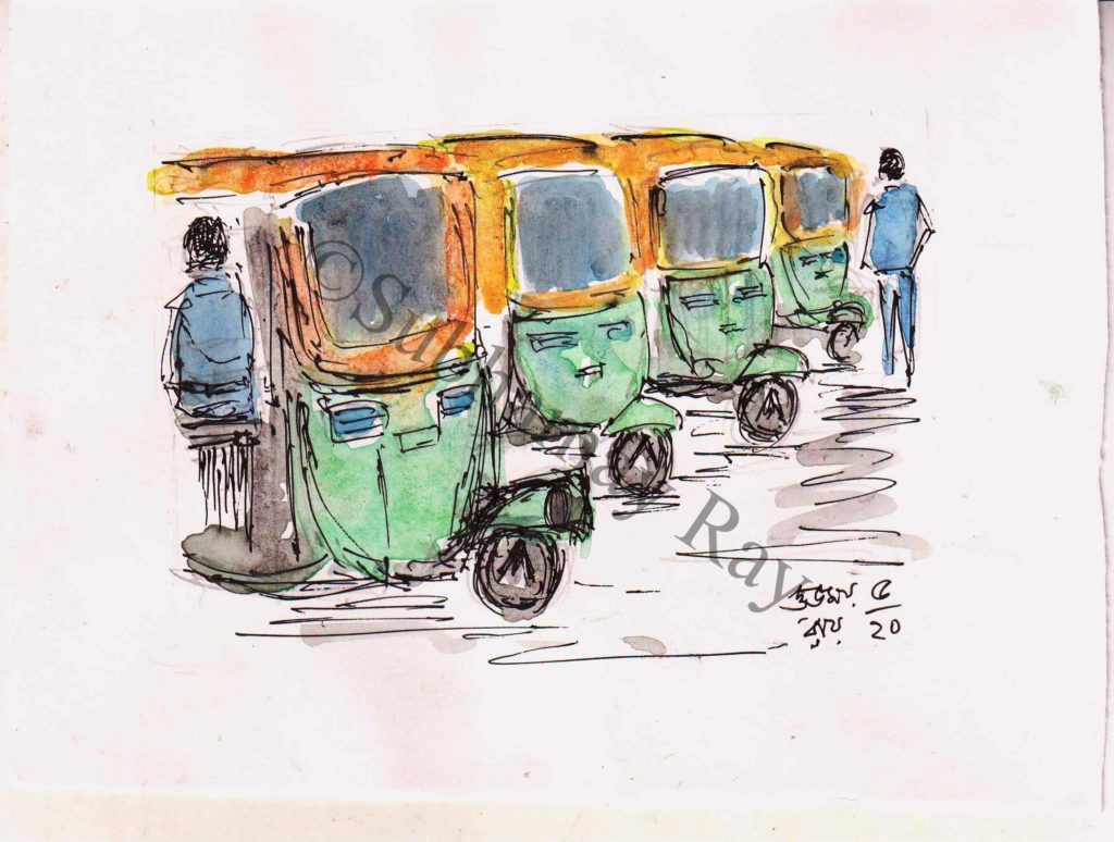 water colour sketch of auto rickshaws