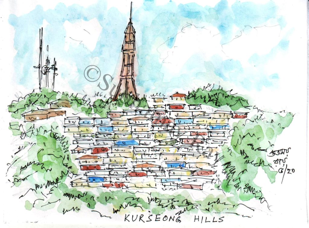 line and wash water colour sketch of the kurseong hills