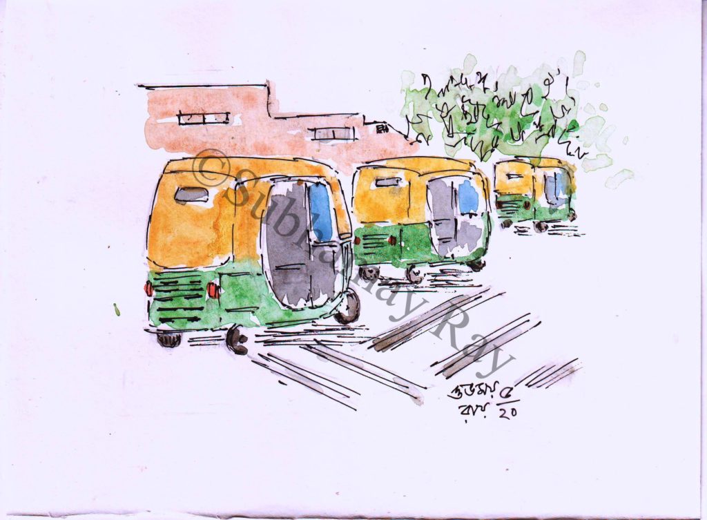water colour sketch of auto rickshaws