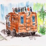 watercolor sketch of overcrowded bus