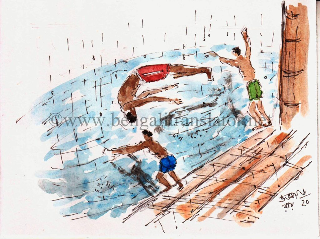 watercolour drawing of young men jumping into the ganges