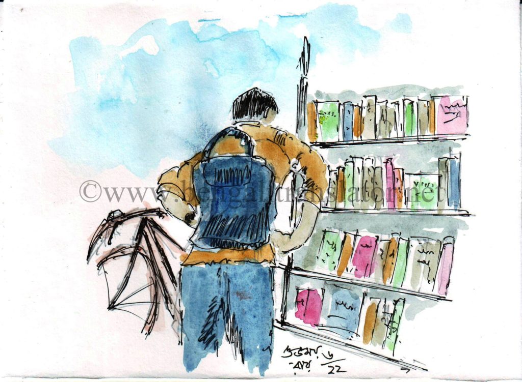 line and wash sketch of bicycle-riding student in front of an old bookshop